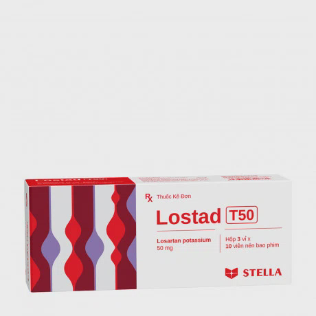 Viên nén bao phim Losartan 50mg Stada điều trị tăng huyết áp, suy tim mạn tính (3 vỉ x 10 viên)