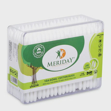 Tăm bông dạng đầu tròn, đầu nhọn Meriday Bạch Tuyết (200 que/hộp)