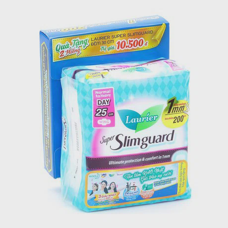 BVS ban ngày có cánh Laurier Super Slimguard 25cm (8 miếng/gói) + Tặng kèm BVS Laurier Super Slimguard đêm 30cm (2 miếng/hộp)