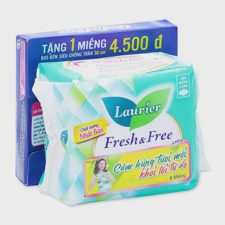 Băng vệ sinh siêu mỏng cánh Laurier Fresh & Free (8 miếng) + Tặng BVS ban đêm 30cm (1 miếng)