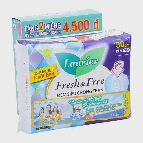 Băng vệ sinh ban đêm có cánh Laurier Fresh & Free 30cm (3 miếng/gói) + Tặng kèm hộp băng vệ sinh siêu mỏng cánh Laurier (2 miếng/hộp)