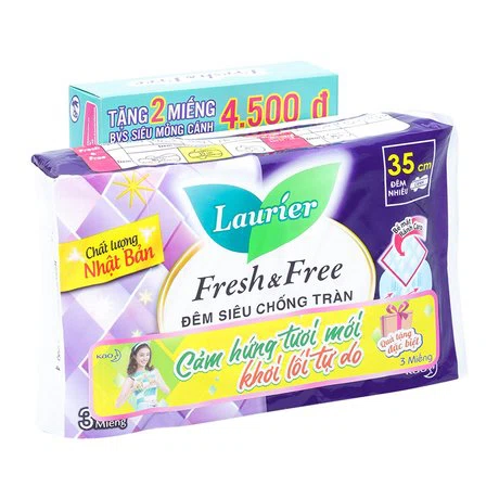 Tặng kèm hộp 2 miếng BVS siêu mỏng ban ngày Laurier khi mua BVS ban đêm siêu bảo vệ có cánh Laurier Fresh & Free 35cm (3 miếng/gói)