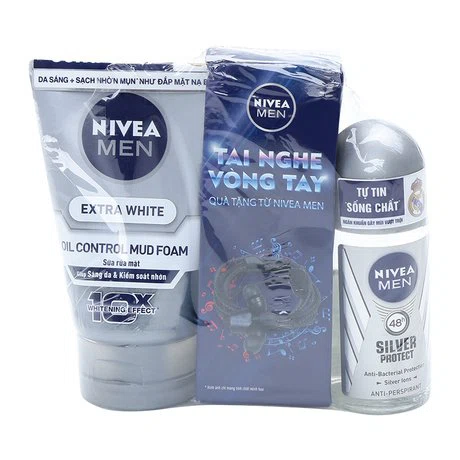Lăn khử mùi phân tử bạc Nivea Men (50ml), SRM bùn khoáng  Nivea Men (100g) + Tặng tai nghe vòng tay