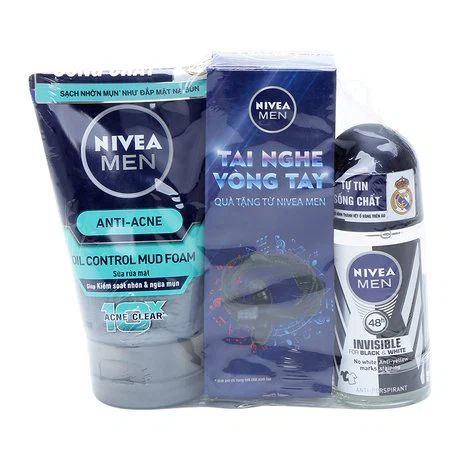 Lăn khử mùi Nivea Men For Black  & White (50ml) và sữa rửa mặt bùn khoáng ngừa mụn Nivea Men (100g) + Tặng kèm tai nghe vòng tay