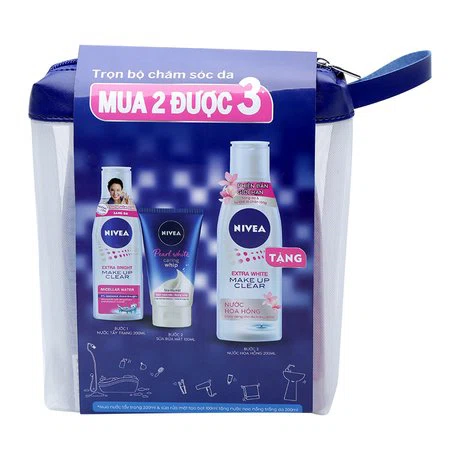 Nước tẩy trang sáng da Nivea Extra Bright (200ml), SRM trắng da Nivea Pearl White (100g) + Tặng nước hoa hồng Nivea (200ml).