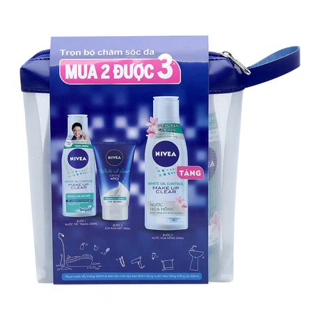 Nước tẩy trang  Nivea (200ml) và sữa rửa mặt Nivea (100g) + Tặng nước hoa hồng Nivea (200ml)