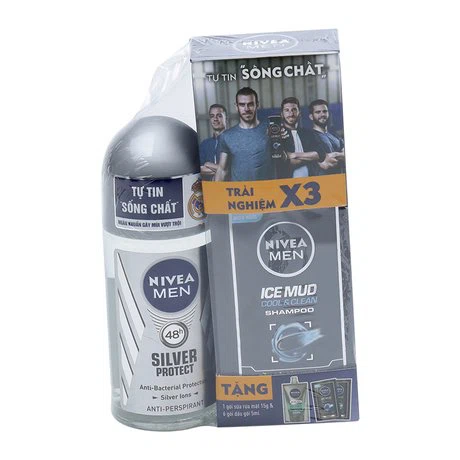Lăn khử mùi Nivea Men Silver Protect (50ml) + Tặng SRM Nivea Men (15g), 6 gói dầu gội Nivea Men (5ml)