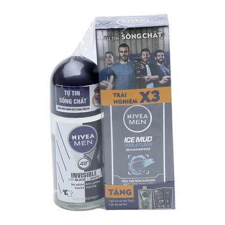 Lăn khử mùi Nivea Men Invisible (50ml) + Tặng SRM Nivea Men (15g) và 6 gói dầu gội Nivea Men (5ml)