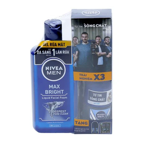 Gel rửa mặt sáng da tức thì Nivea Men Max Bright (150ml) + Tặng lăn khử mùi Nivea Men (12ml) và 6 gói dầu gội Nivea Men (5ml)