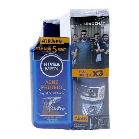 Gel rửa mặt giảm mụn Nivea Men (150ml) + Tặng kèm lăn khử mùi Nivea Men (12ml) và 6 gói dầu gội Nivea Men (5ml)