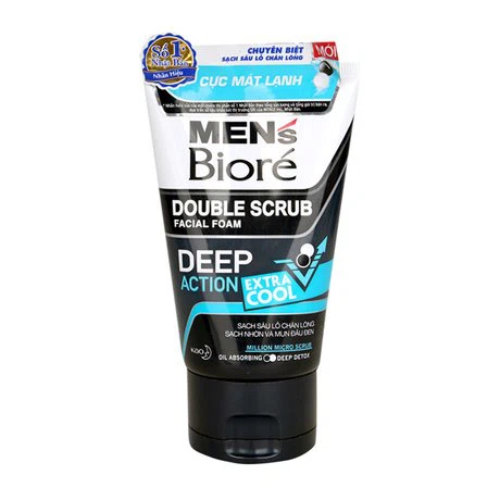 Sữa rửa mặt tác động kém sạch sâu cực mát lạnh cho nam Men’s Bioré Double Scrub Facial Foam Extra Cool (100g)