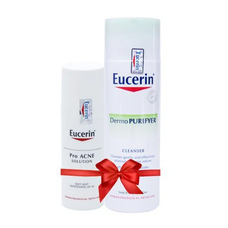 Kem dưỡng trắng, chống nắng, ngừa mụn và giảm thâm mắt Eucerin Day Mat Whitening SPF30 (50ml) + Sửa rữa mặt giảm mụn Eucerin Dermo Purifyer Cleanser (200ml)