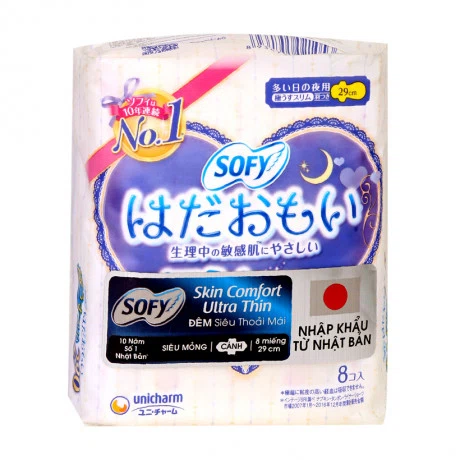 Băng vệ sinh ban đêm siêu thoải mái có cánh Sofy Skin Comfort Ultra Thin Night 29cm (Gói 8 miếng)