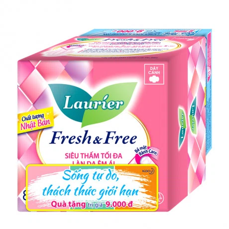 Băng vệ sinh dày cánh siêu thấm tối đa Laurier Fresh & Free (8 miếng/gói)