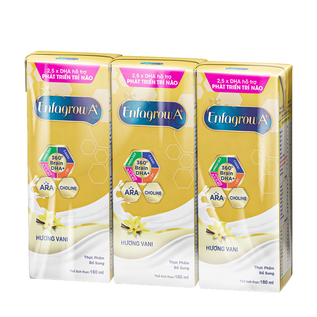 Thực phẩm bổ sung Enfagrow A+ 360° Brain DHA+ cho trẻ trên 2 tuổi hương vani (Lốc 3 hộp x 180ml)