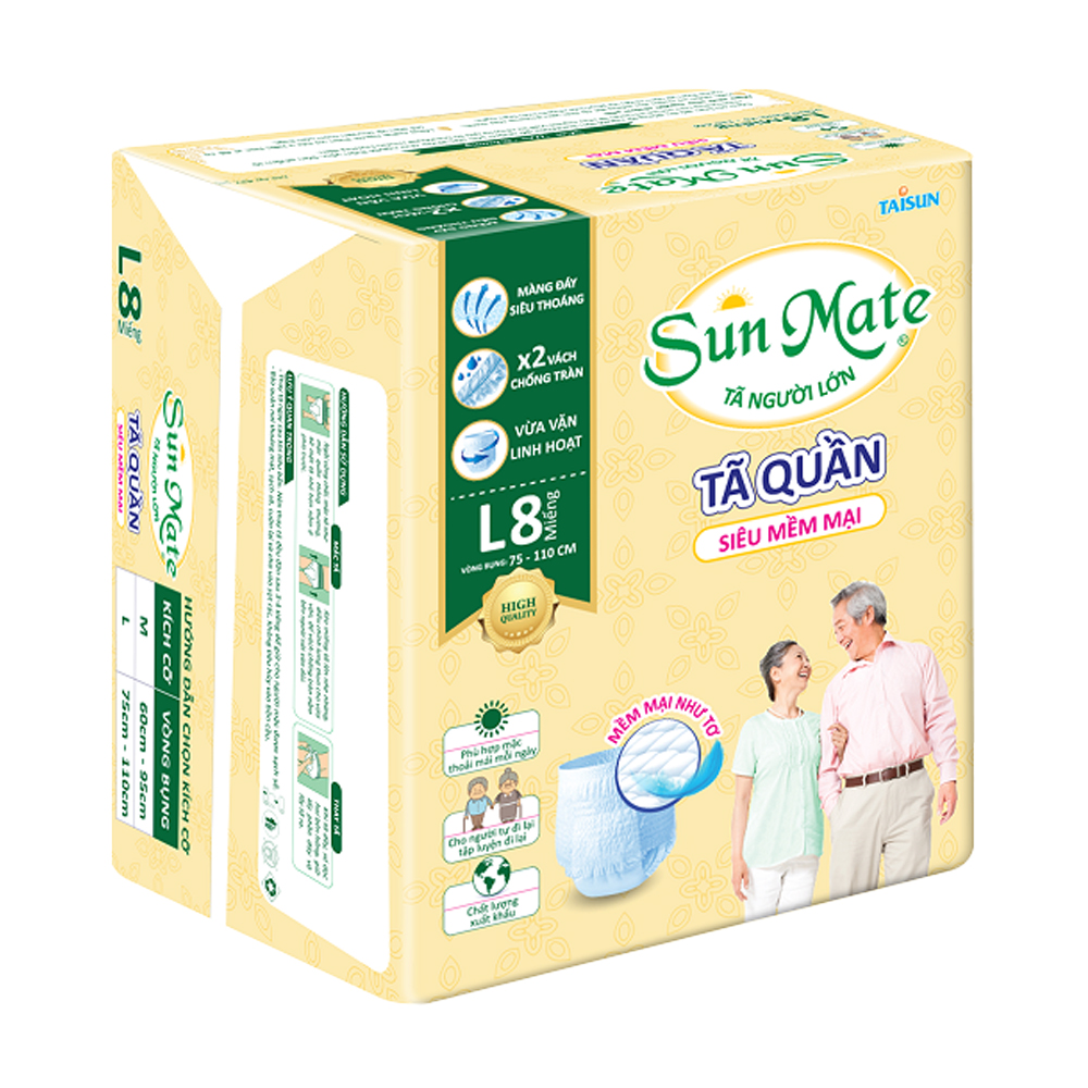 Tã quần người lớn siêu mềm mại Sunmate Apop L08  (8 Miếng)