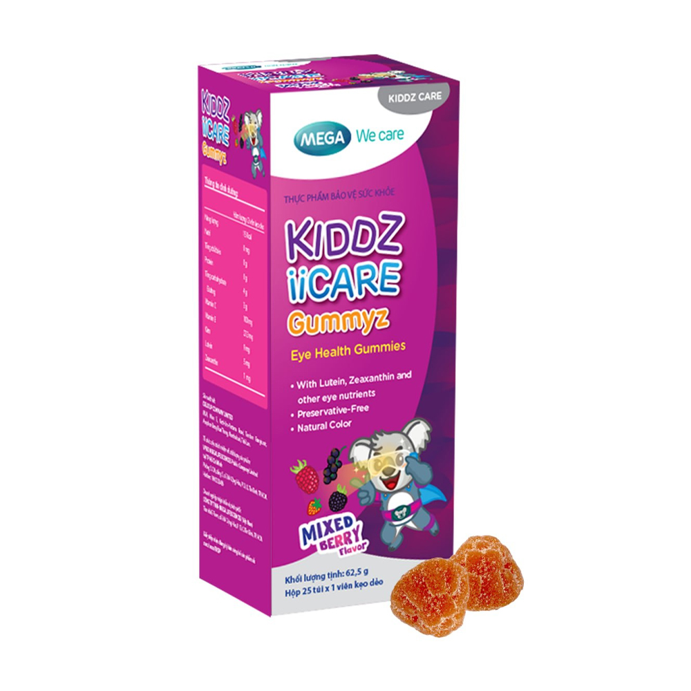 Thực phẩm hỗ trợ sức khỏe Kẹo dẻo hỗ trợ thị lực cho trẻ MGWC KIDDZ iiCARE Gummyz (Hộp 25 túi)